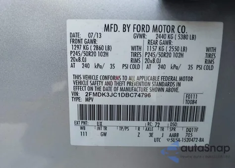 2013 Ford Edge Sel from USA, damaged, VIN 2FMDK3JC1DBC74796